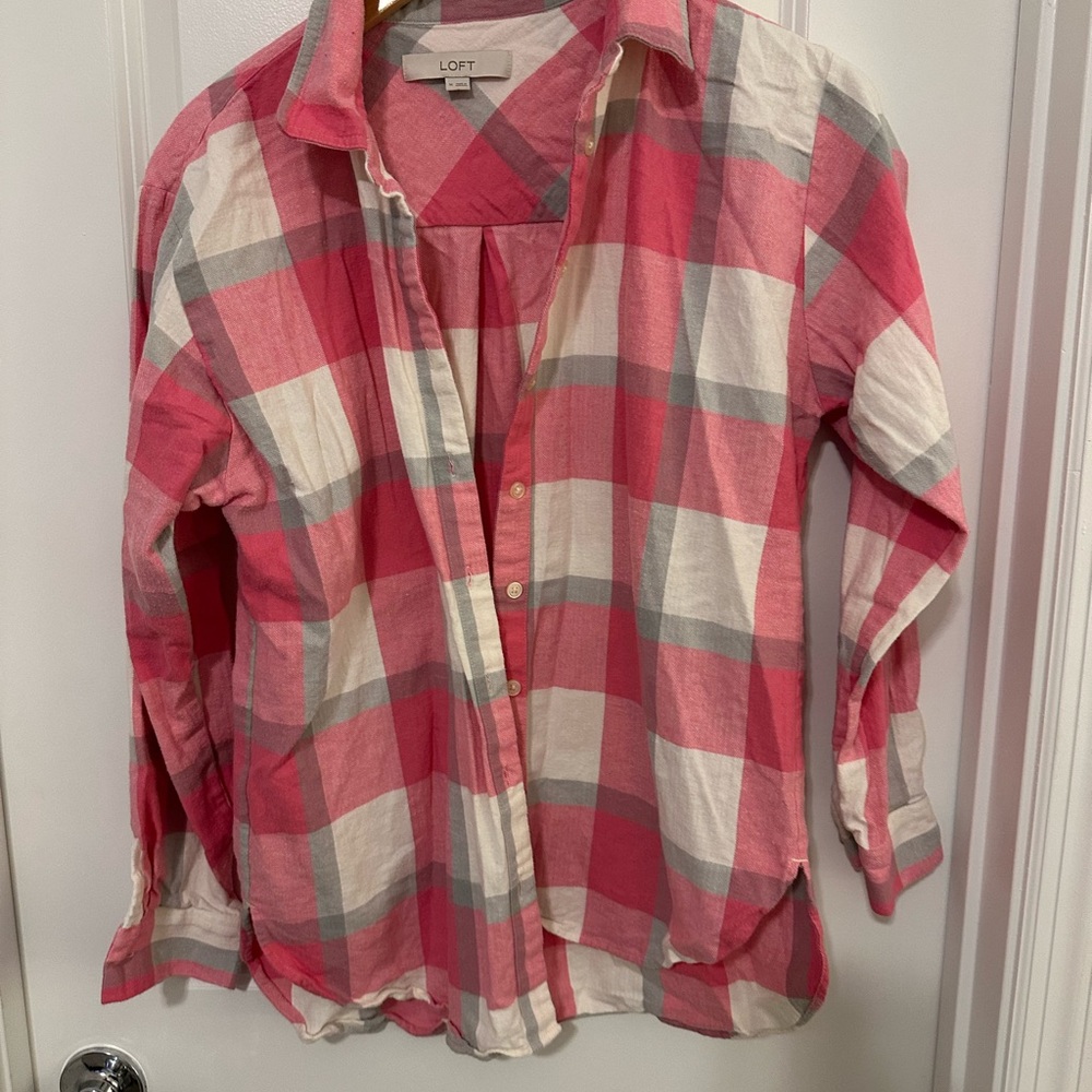 LOFT Pink Plaid Button Down Shirt